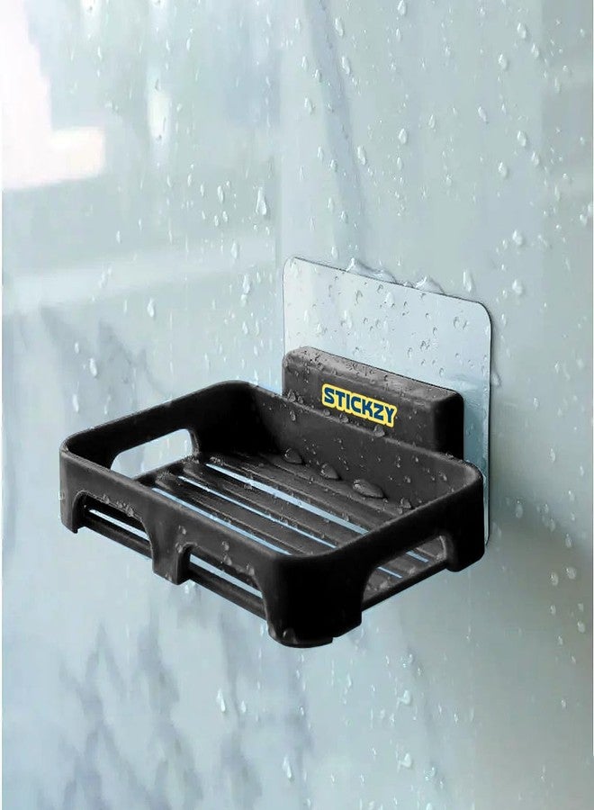 Stickzy 2PC Self Adhesive Soap Dish Wall Mounted Organizer with Drain Tray | No Drill Soap Holder for Bathroom, Shower, Kitchen Sink | Durable Strong Wall Soap Rack (Black, EZ-002) - Image 2